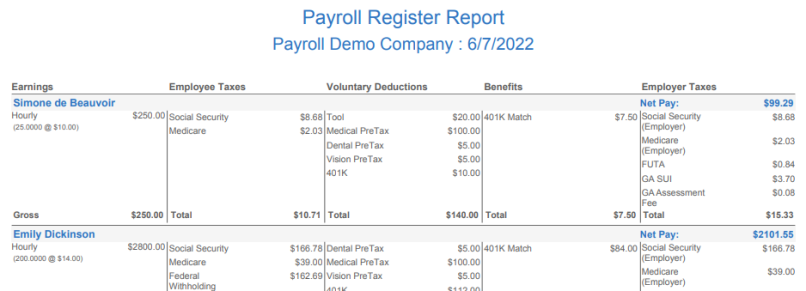 A screenshot of a payroll register

Description automatically generated